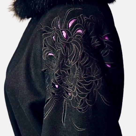 Kimono Wool Fur Cape Glamorous Jacket Black Purple Jacket Floral Vintage Large - Picture 5 of 16